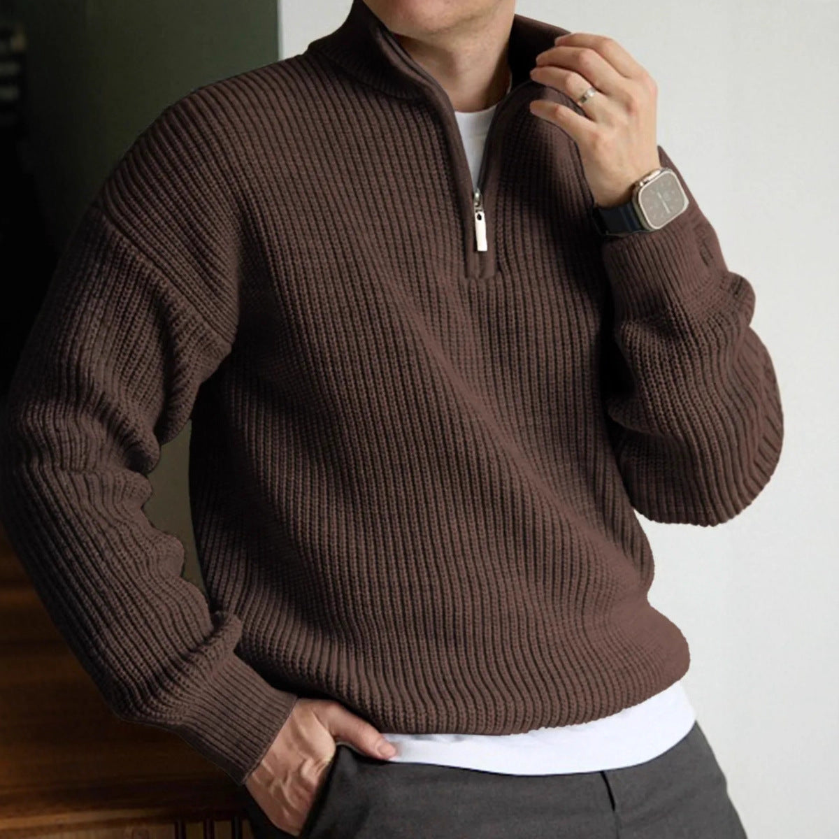 Cross-border men's autumn and winter half-zip stand collar sweater, men's old money style Swetear knitted pullover