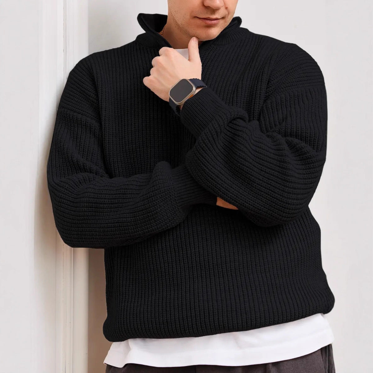 Cross-border men's autumn and winter half-zip stand collar sweater, men's old money style Swetear knitted pullover
